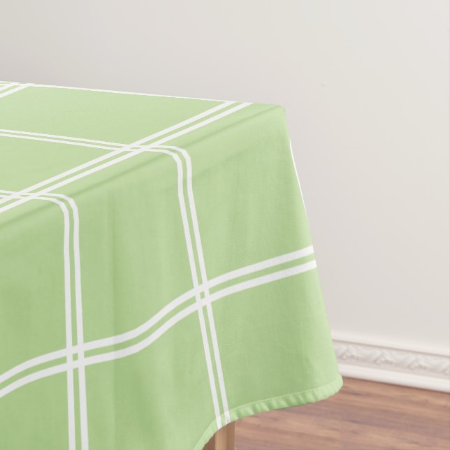Mint Green and White Double Stripe Plaid Tablecloth (In Situ)