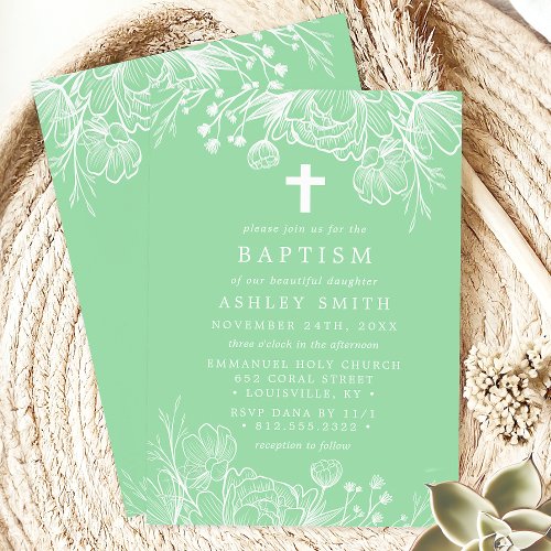 Mint Green And White Floral Baptism Invitation