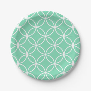 Mint Green and White Geometric Pattern Circles Paper Plates