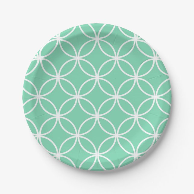 Mint Green and White Geometric Pattern Circles Paper Plates (Front)