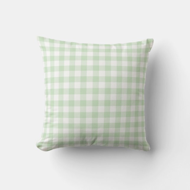 Mint Green and White Gingham Pattern Checkered Outdoor Pillow (Front)