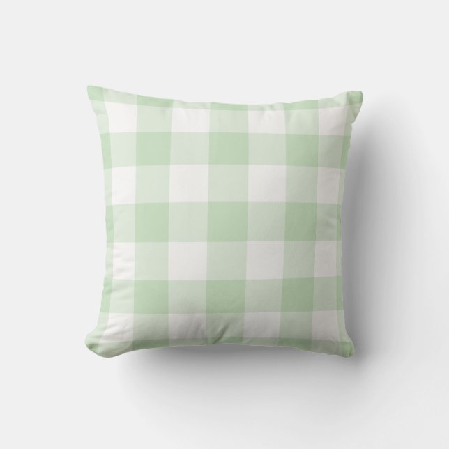 Mint Green and White Gingham Pattern Checkered Outdoor Pillow (Front)