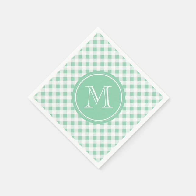 Mint Green and White Gingham, Your Monogram Napkins (Corner)