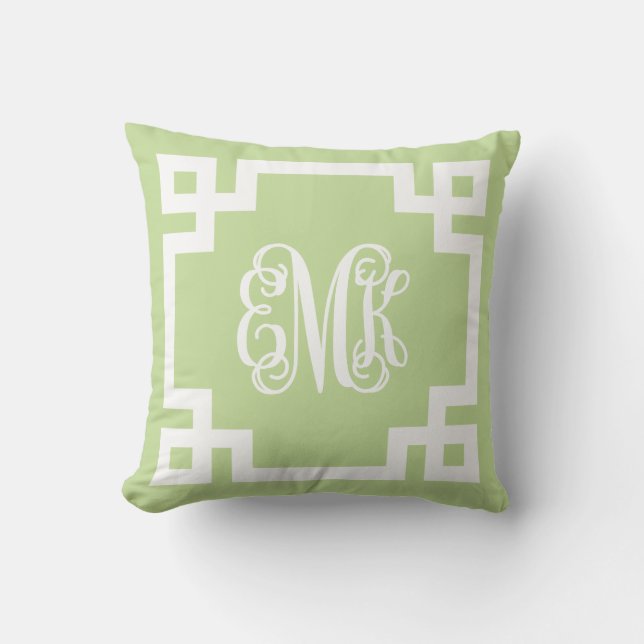 Mint Green and White Greek Key Script Monogram Throw Pillow (Front)