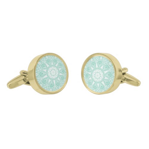 Mint_Green And White Lace Mandala Cufflinks