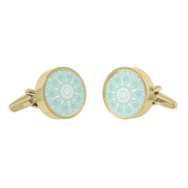 Mint-Green And White Lace Mandala Cufflinks (Angled)