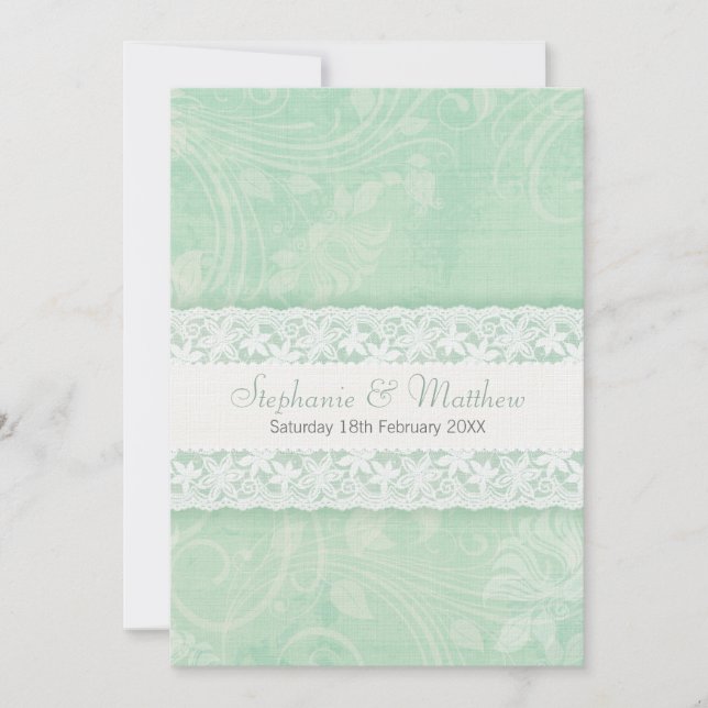 Mint green and white lace wedding invitation (Front)