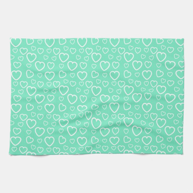 Mint Green and White Love Hearts Pattern Kitchen Towel (Horizontal)