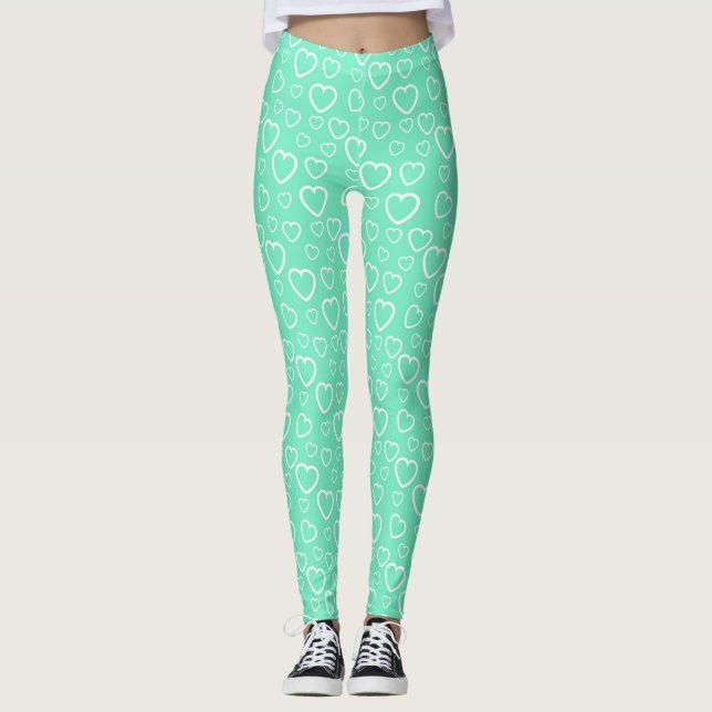Mint Green and White Love Hearts Pattern Leggings (Front)