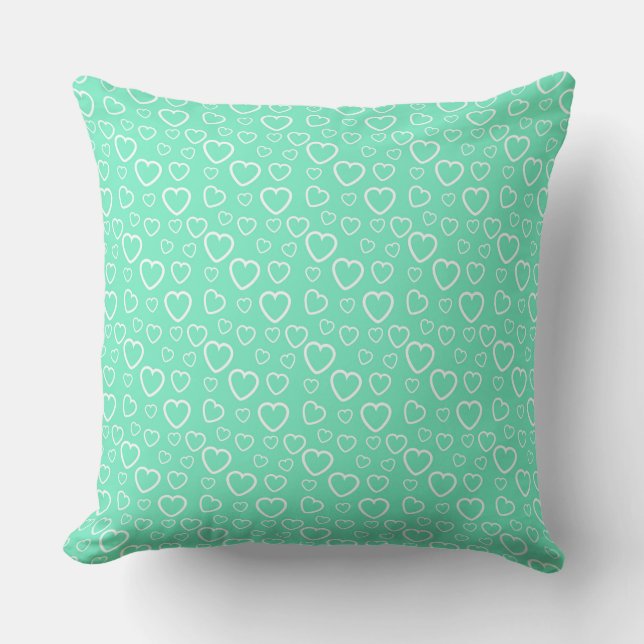 Mint Green and White Love Hearts Pattern Throw Pillow (Front)