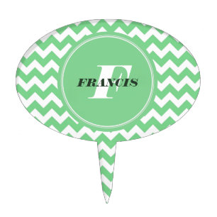 Mint-Green And White Monogram Chevron Pattern Cake Topper