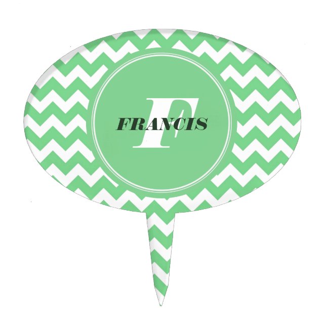 Mint-Green And White Monogram Chevron Pattern Cake Topper (Front)