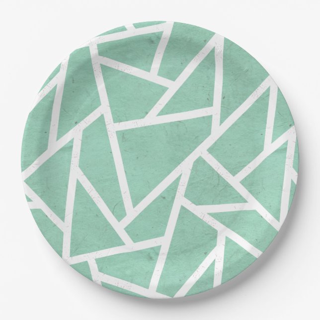 Mint green and white mosaic pattern paper plates (Front)