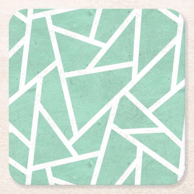 Mint green and white mosaic pattern square paper coaster (Front)