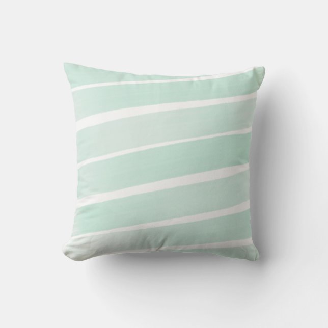 Mint Green and White Painted Stripe Outdoor Pillow (Front)