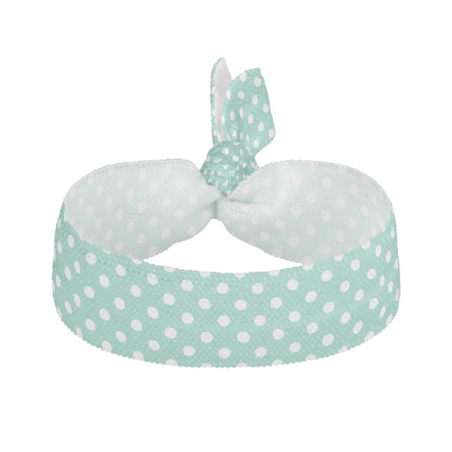 Mint-Green And White Polka Dot Pattern Ribbon Hair Tie (Front)