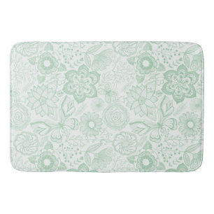 Mint-green and white retro flowers and butterflies bath mat