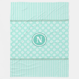 Mint Green And White Stripes And Daisies Monogram Fleece Blanket
