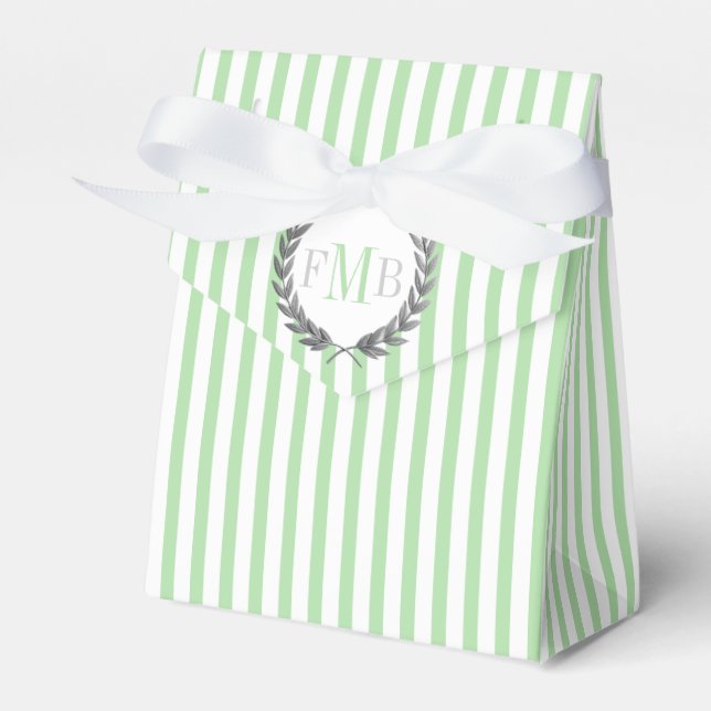 Mint green and white stripes monogram wedding favor boxes (Front Side)