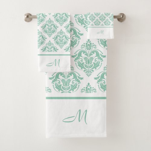 Mint_green and white vintage damasks monogram bath towel set