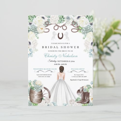 Mint Green and White Western Bridal Shower  Invitation