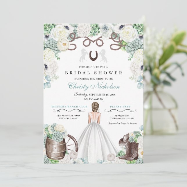 Mint Green and White Western Bridal Shower  Invitation (Standing Front)