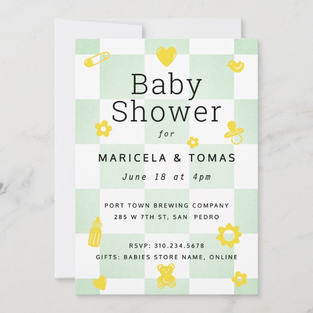 Mint Green and Yellow Checker Baby Shower Invitation (Front)