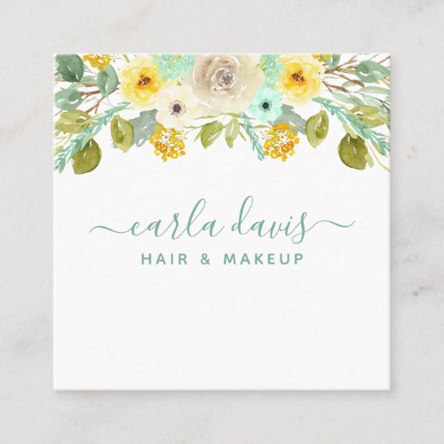 Mint Green And Yellow Floral Elegant Makeup Artist Square Business Card