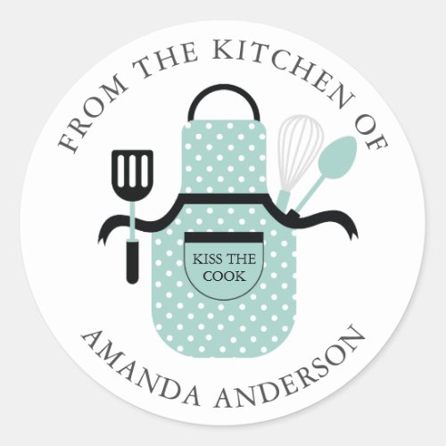 Mint Green Apron Kiss the Cook From the Kitchen of Classic Round Sticker