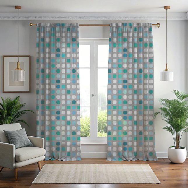 Mint Green Aqua Blue Chic Round Squares Pattern Sheer Curtains (Creator Uploaded)