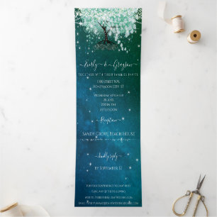 Mint Green Aqua Sea Blue Heart Leaf Tree Wedding Tri-Fold Invitation