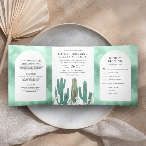 Mint Green Arch All in One Desert Cactus Wedding Tri_Fold Invitation