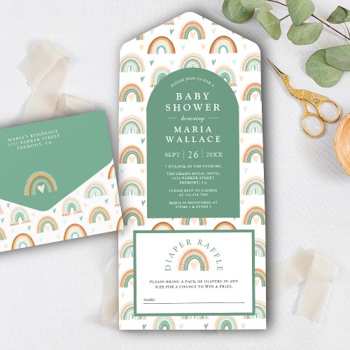 Mint Green Arch Boho Rainbow Baby Shower All In One Invitation