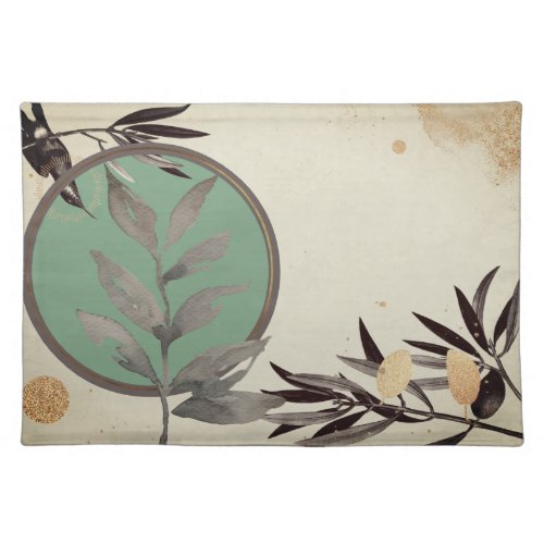 Mint Green Artistic Watercolor Leaves Cloth Placemat
