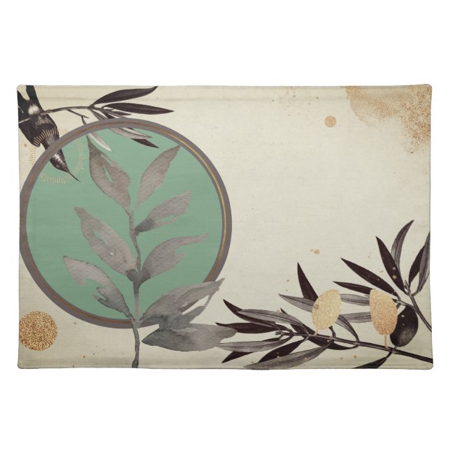 Mint Green Artistic Watercolor Leaves Cloth Placemat (Front)
