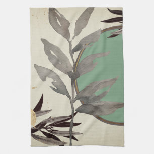Mint Green Artistic Watercolor Leaves Kitchen Towel