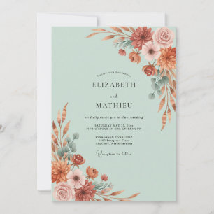 Mint Green Autumnal Floral Wedding Invitation