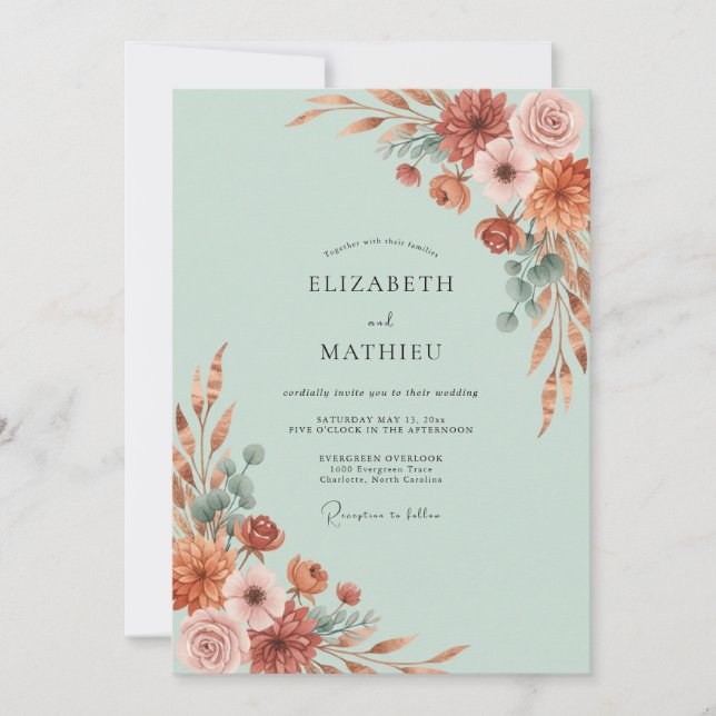 Mint Green Autumnal Floral Wedding Invitation (Front)