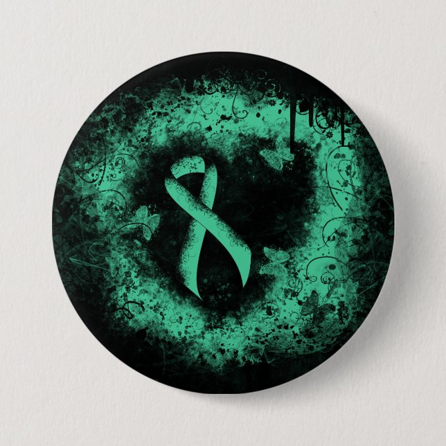 Mint Green Awareness Ribbon Grunge Heart Button (Front)