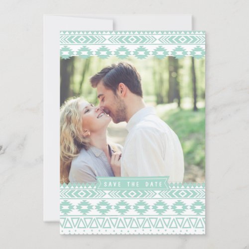 MINT GREEN AZTEC PHOTO SAVE THE DATE ANNOUNCEMENT