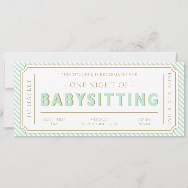 Mint Green Babysitting Gift Voucher Card (Front)