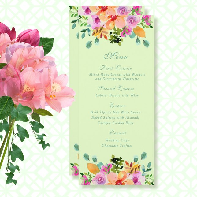 Mint Green Background Floral Spring Summer Wedding Menu (Creator Uploaded)