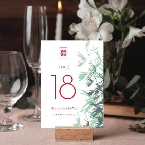 Mint Green Bamboo Leaves Double Happiness Wedding Table Number