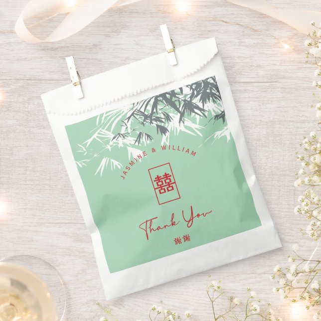 Mint Green Bamboo Leaves Double Xi Chinese Wedding Favor Bag (Clipped)