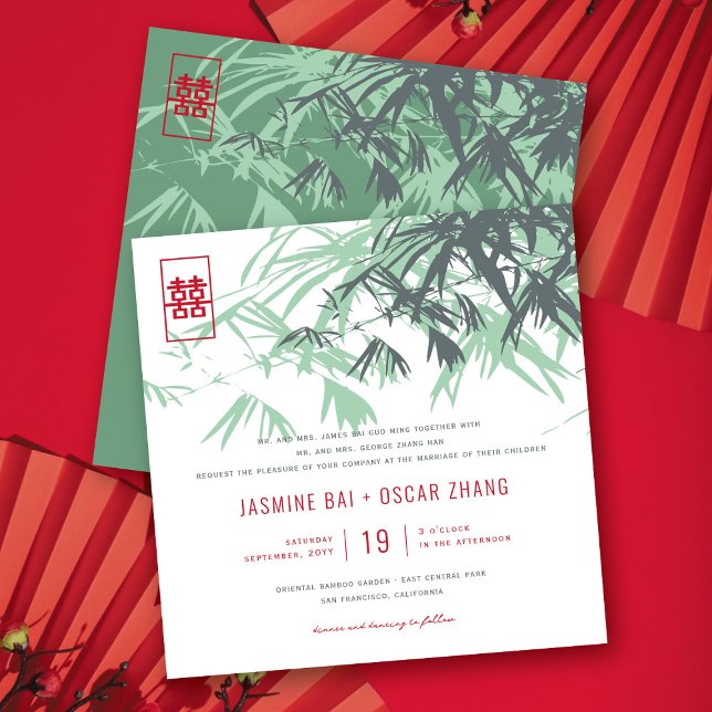 Mint Green Bamboo Leaves Modern Zen Asian Wedding Invitation (Mint Green Bamboo Leaves Modern Zen Asian Wedding Invitation @ fatfatin_red_knot)