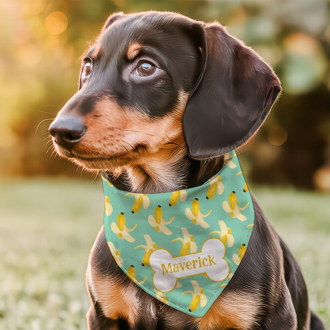 Mint Green Bananas Cute Dog Bone Custom Name Pet Bandana Collar (Creator Uploaded)