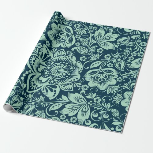 Mint Green Baroque Floral Damasks On Blue Wrapping Paper