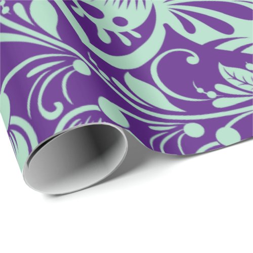 Mint Green Baroque Floral Damasks On Purple Wrapping Paper