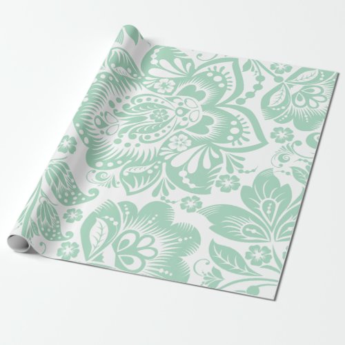 Mint Green Baroque Floral Damasks On White No 2 Wrapping Paper