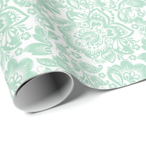 Mint Green Baroque Floral Damasks On White Wrapping Paper